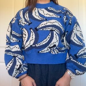 Farm Rio Blue Banana Patterned Sweater
